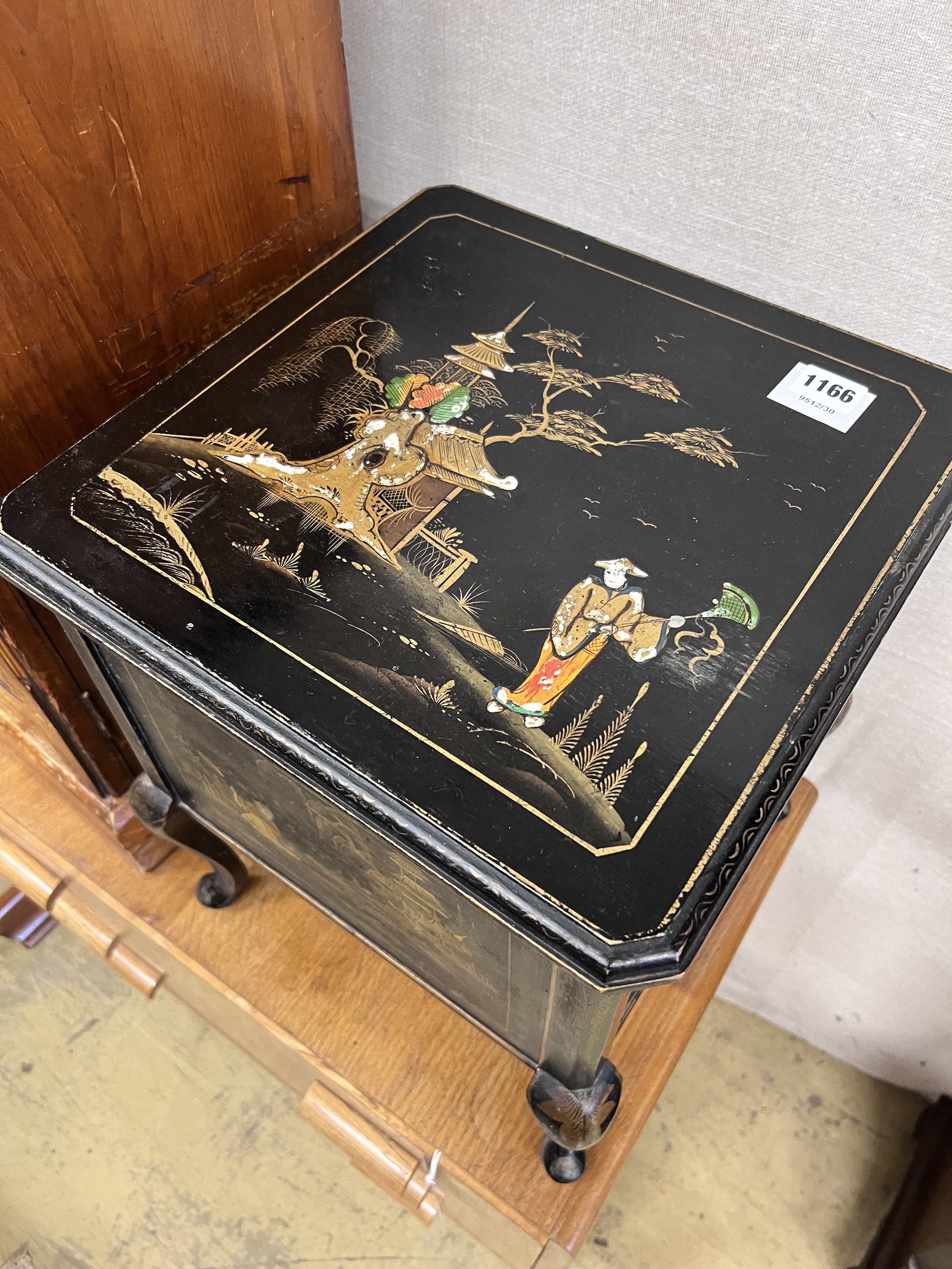 A 1930's chinoiserie lacquered work box, width 36cm